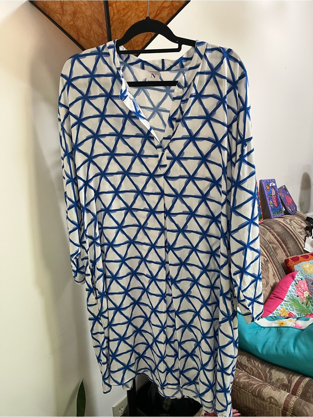 Nature Blue and White Geometric Print Women's Tunic Top Caftan XL